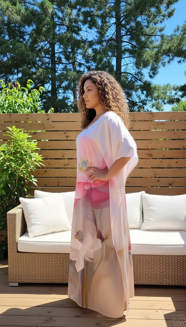 Floral Light Pink Satin Silk Kaftan Dress for Women Plus Size