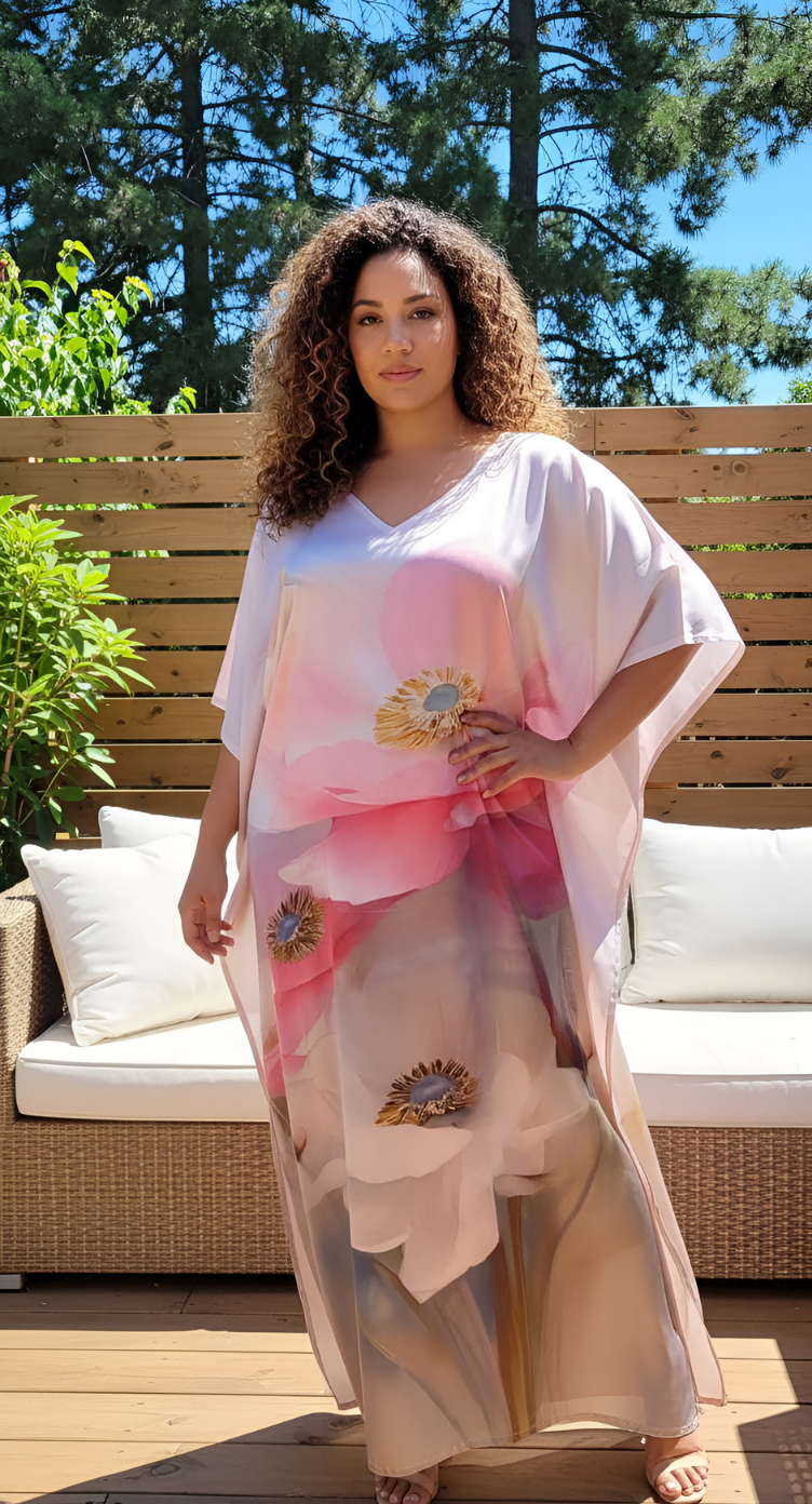 Floral Light Pink Satin Silk Kaftan Dress for Women Plus Size