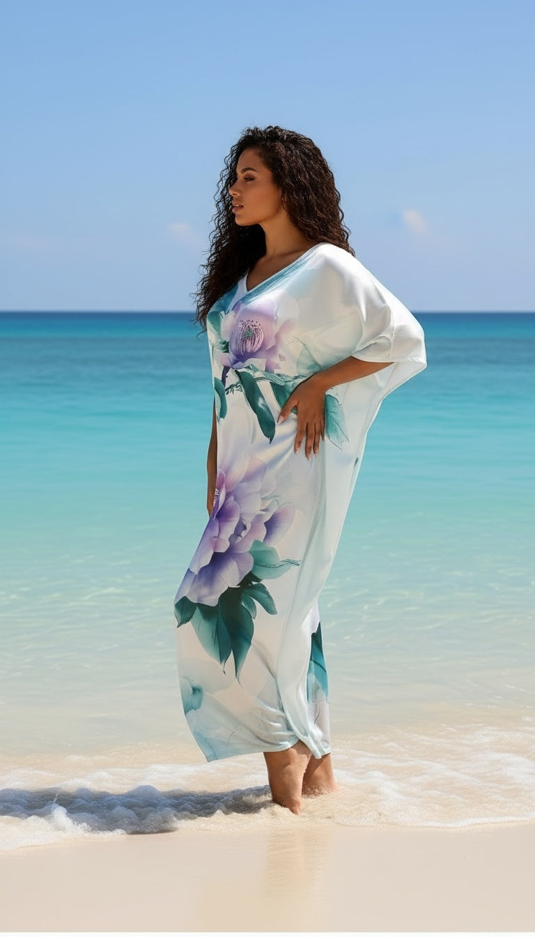 Floral Ice Blue Satin Silk Women Plus Size Caftan Dress