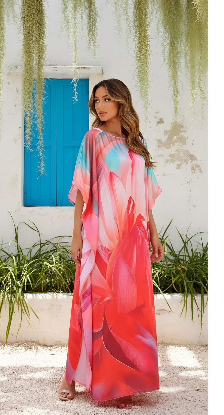 Abstract Coral Red Satin Silk Women Plus Size Caftan Dress