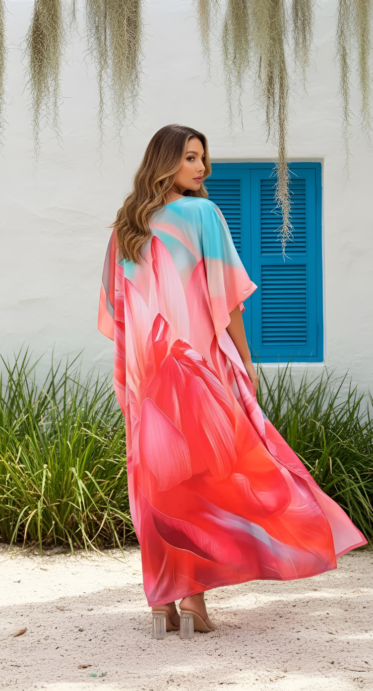 Abstract Coral Red Satin Silk Women Plus Size Caftan Dress