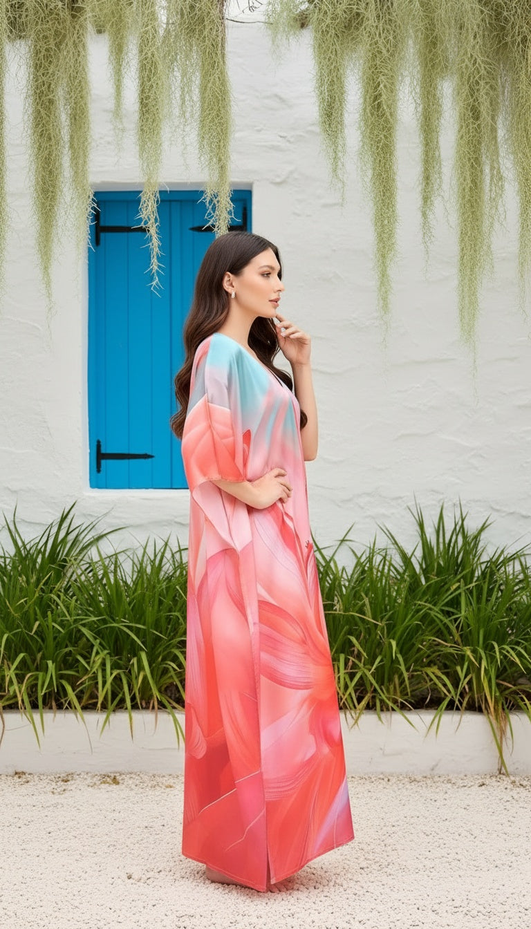 Abstract Coral Red Satin Silk Women Plus Size Caftan Dress