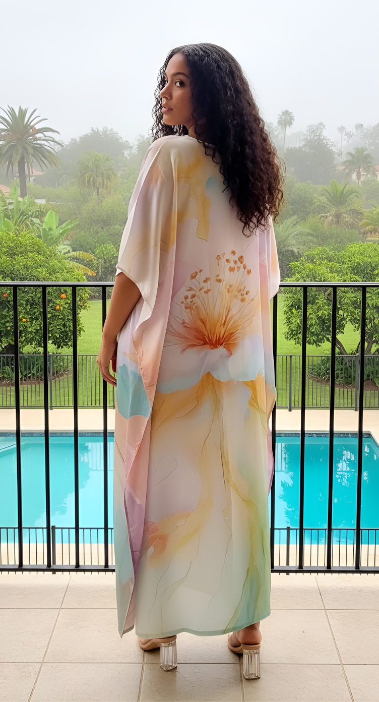 Floral Pastel Cream Satin Silk Women Plus Size Kaftan Dress