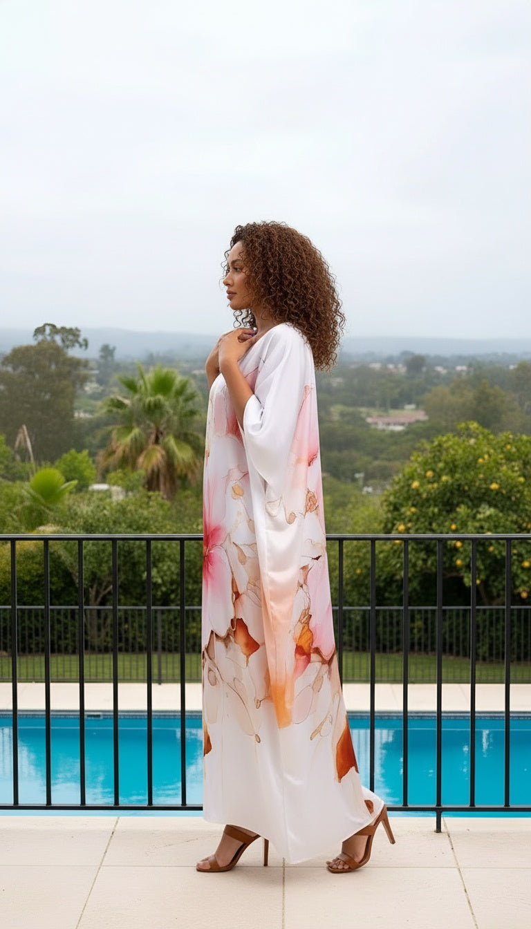 Floral Light Pink Satin Silk Women Plus Size Caftan Dress