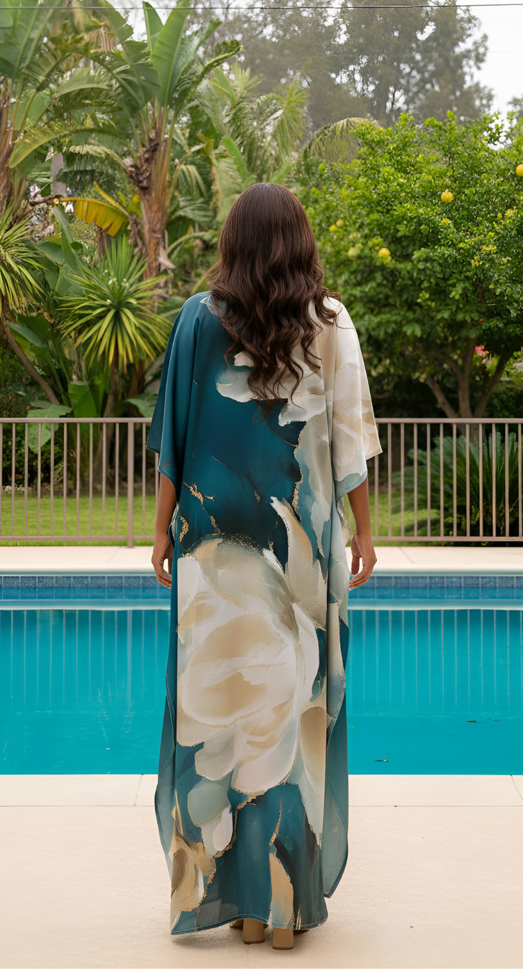 Abstract Deep Blue Satin Silk Plus Size Caftan Dress for Women