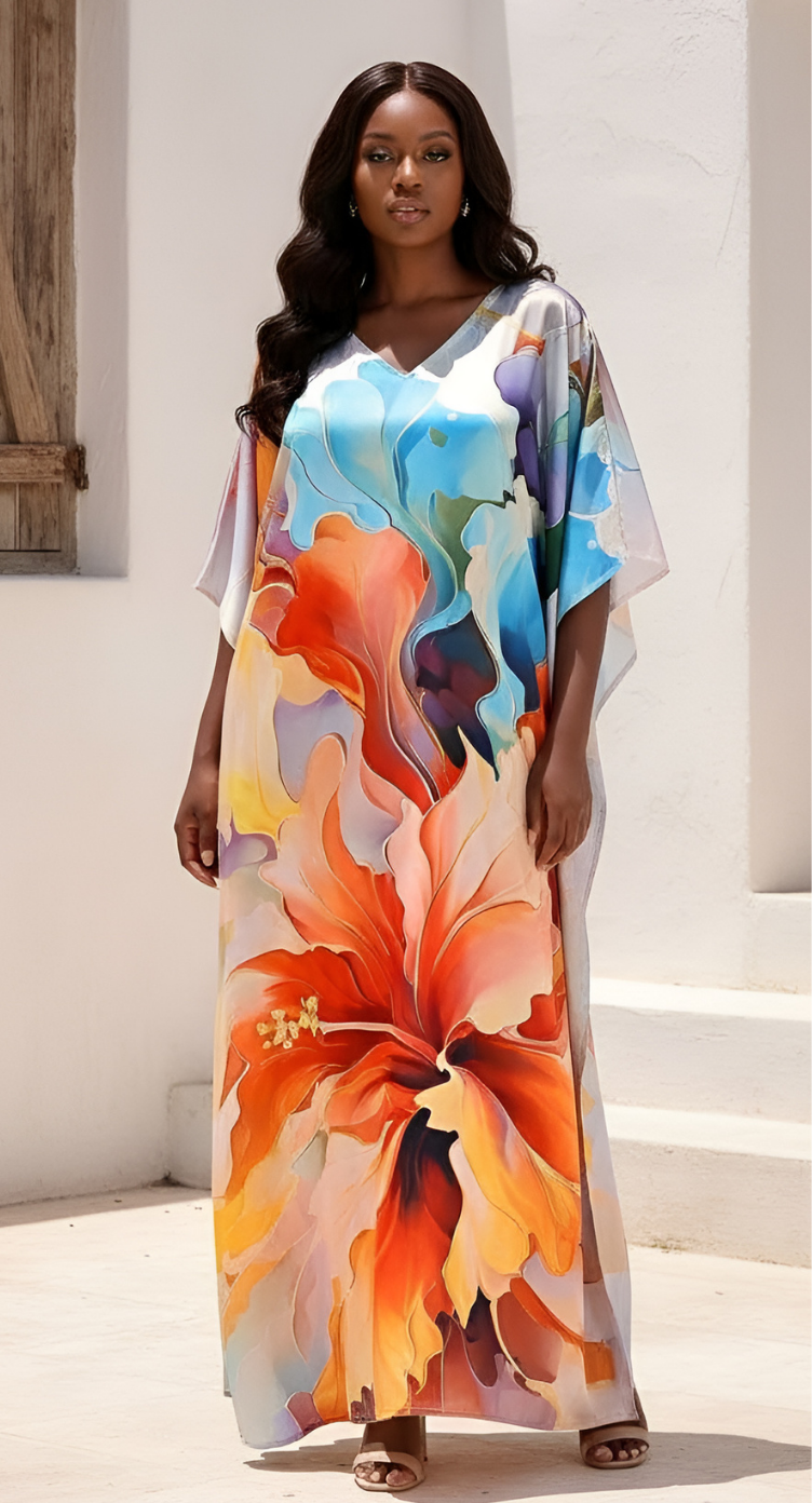 Multicolor satin plus size kaftan with orange and blue watercolor floral print and kimono sleeves