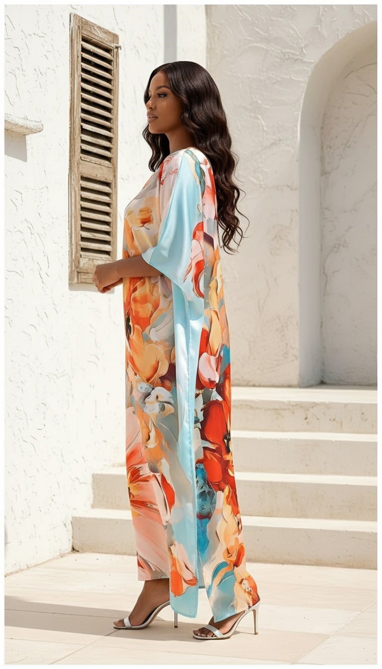 Floral Cream Satin Silk Women Plus Size Caftan Resort Dress