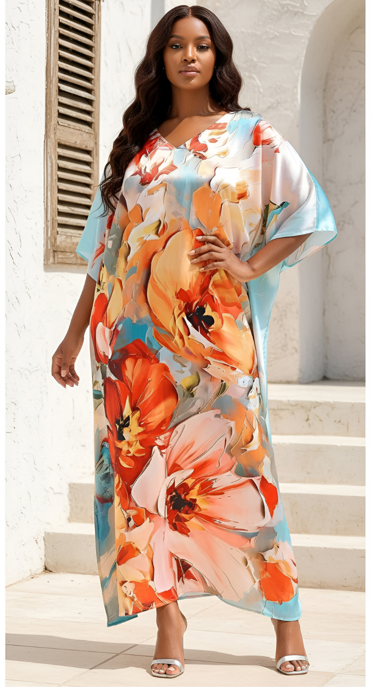 Floral Cream Satin Silk Women Plus Size Caftan Resort Dress