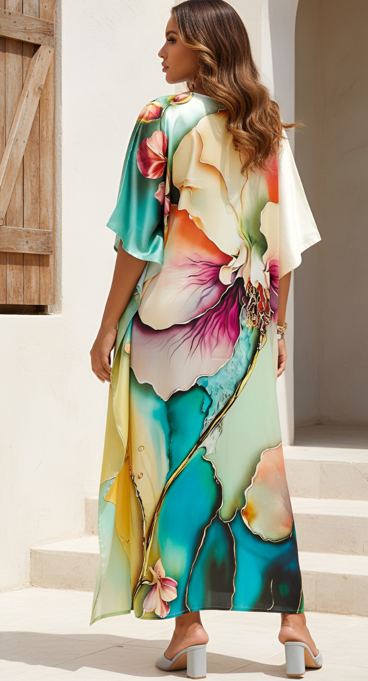 Floral Abstract Satin Silk Caftan Dress for Women Plus Size
