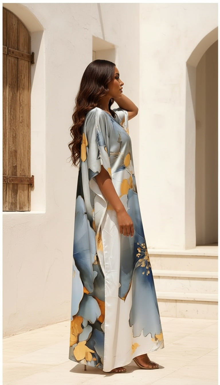 Floral Light Grey Satin Silk Women Plus Size Caftan Dress