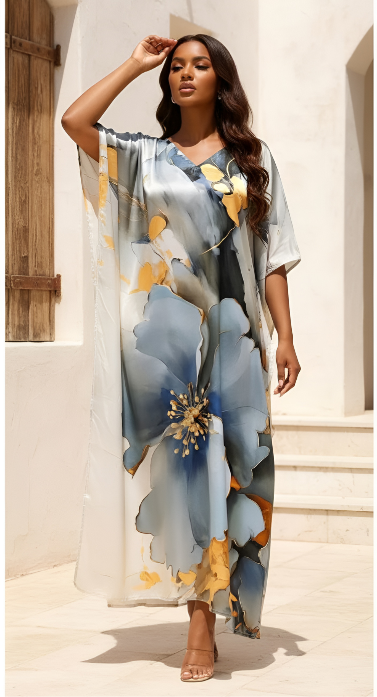 Floral Light Grey Satin Silk Kaftan Plus Size 1X-3X Beach | Gypsie Blu Floral Light Grey Satin Silk Kaftan Plus Size 1X-3X Beach | Gypsie Blu