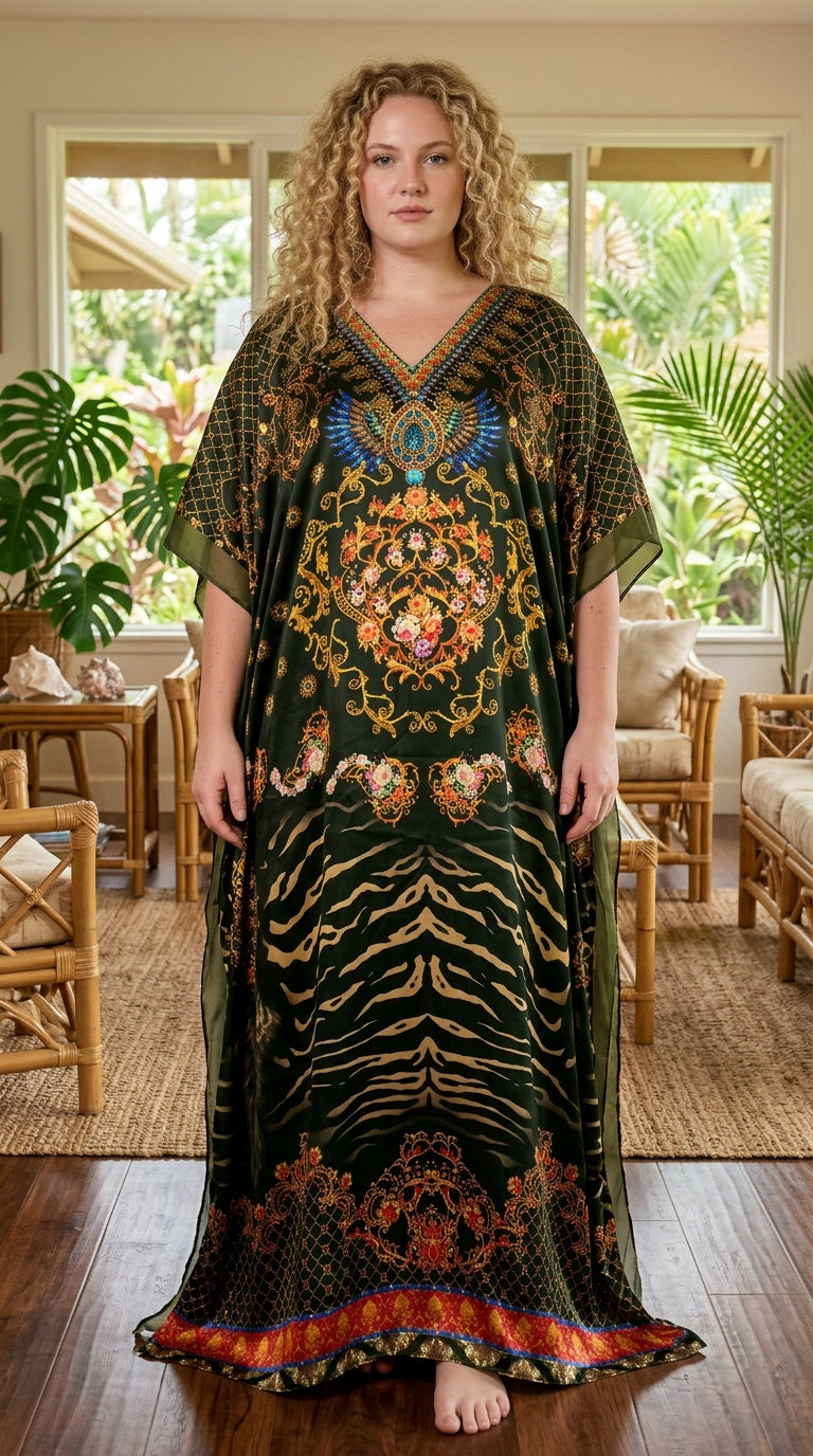 Dark Green Baroque Satin Women Plus Size Kaftan Holiday Dress