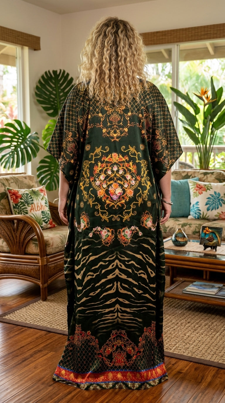 Dark Green Baroque Satin Women Plus Size Kaftan Holiday Dress