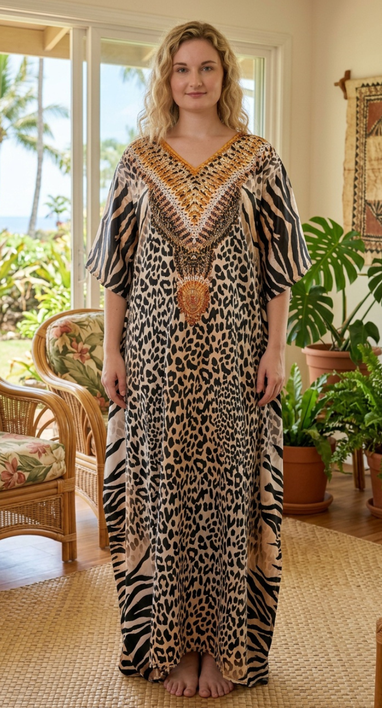 leopard dress womens Beige Leopard Print Satin Kaftan For Women Plus Size 1X-3X