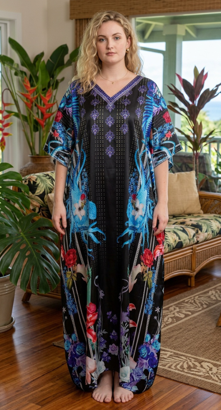 Black Floral Satin Women Plus Size Kaftan Travel Dress