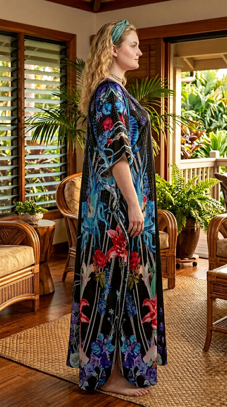 Black Floral Satin Women Plus Size Kaftan Travel Dress