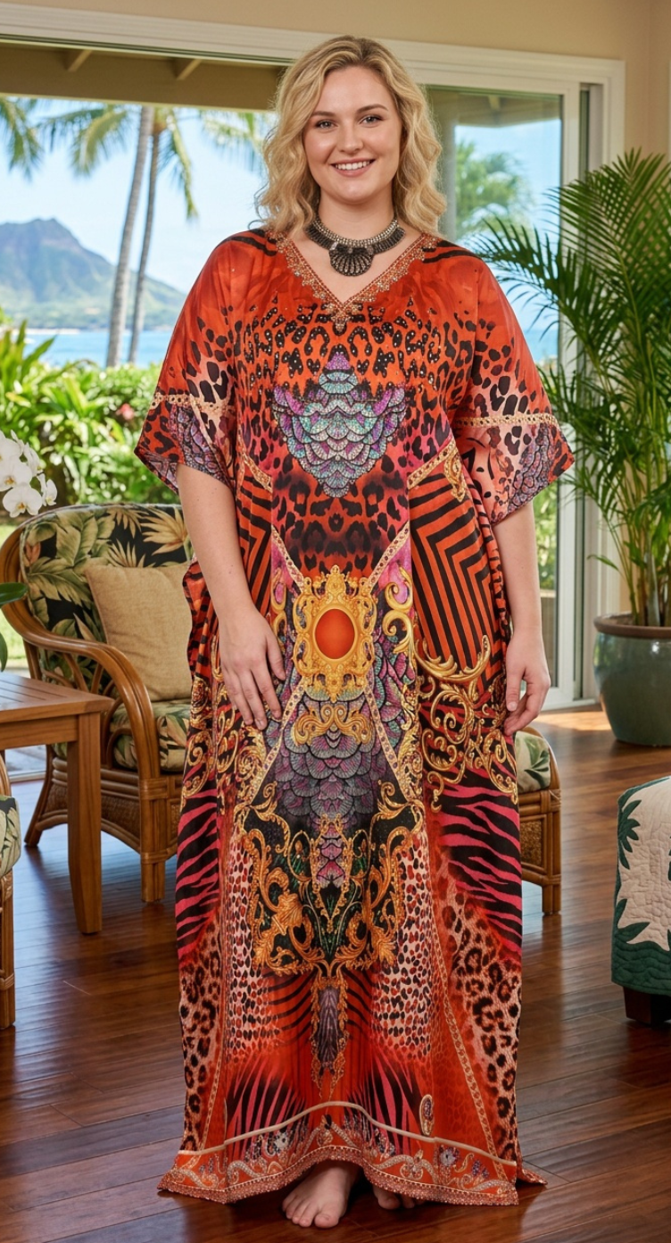 Orange Animal Print Satin Women Plus Size Kaftan Summer Dress