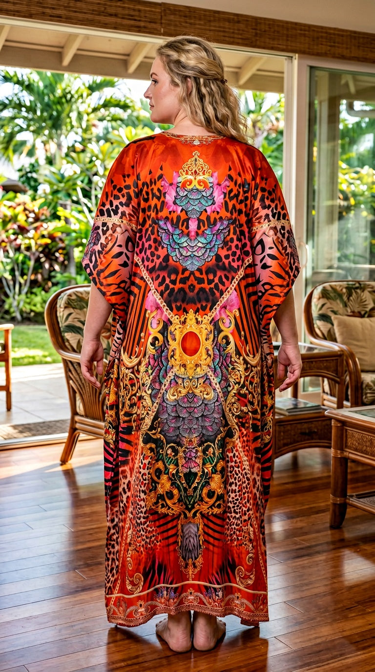 Orange Animal Print Satin Women Plus Size Kaftan Summer Dress