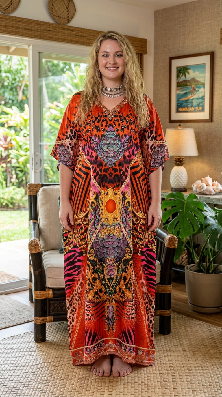 Orange Animal Print Satin Women Plus Size Kaftan Summer Dress