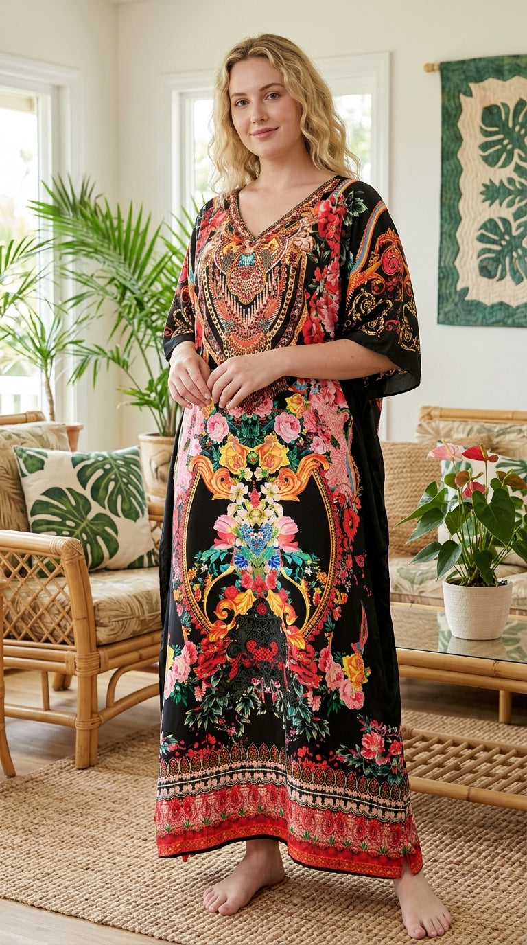 Black Floral Satin Women Plus Size Kaftan Beach Dress
