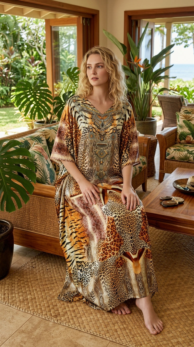 Beige Animal Print Satin Women Plus Size Kaftan Poolside Dress