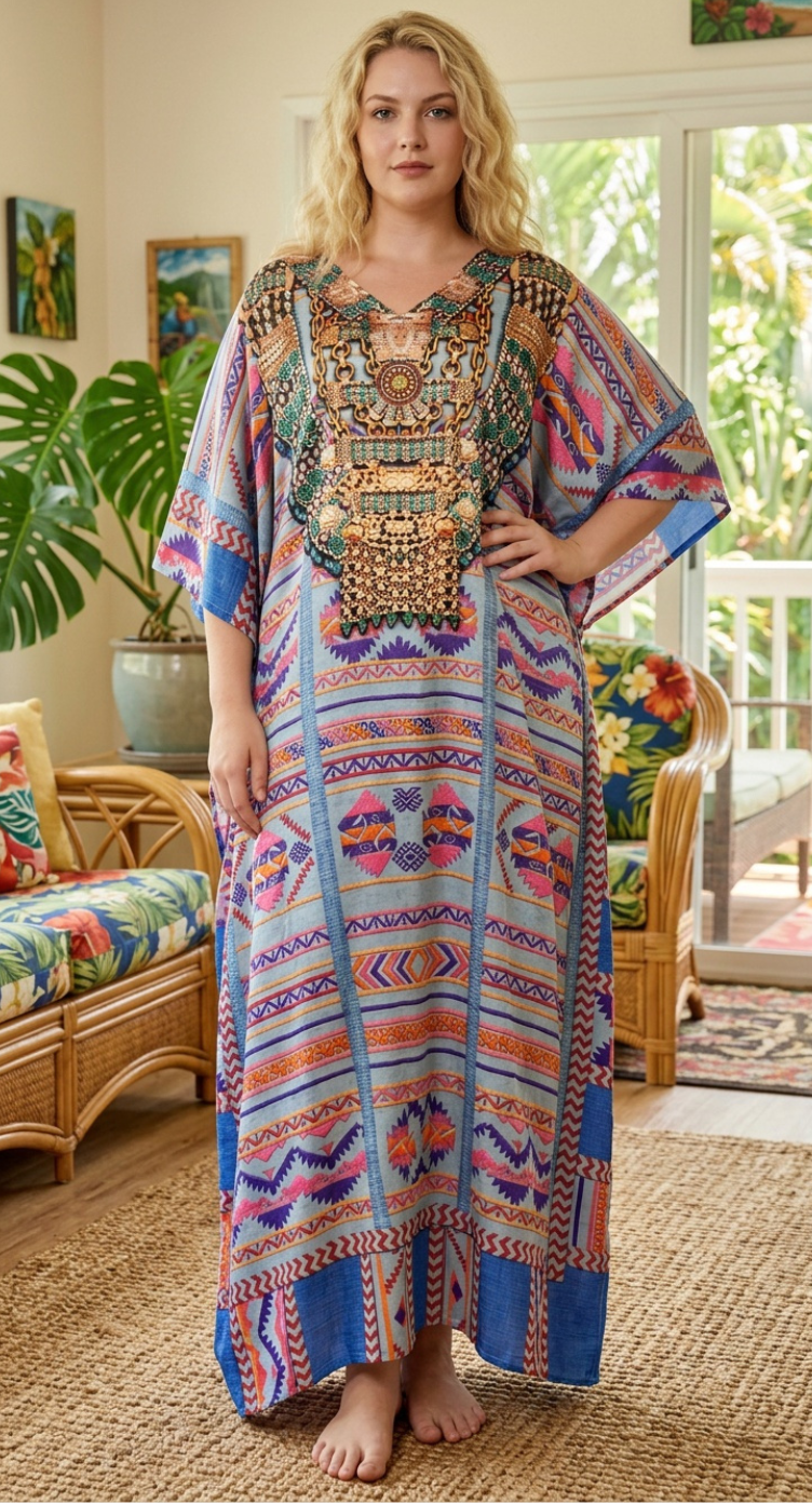 Light Blue Geometric Satin Women Plus Size Kaftan Vacation Dress