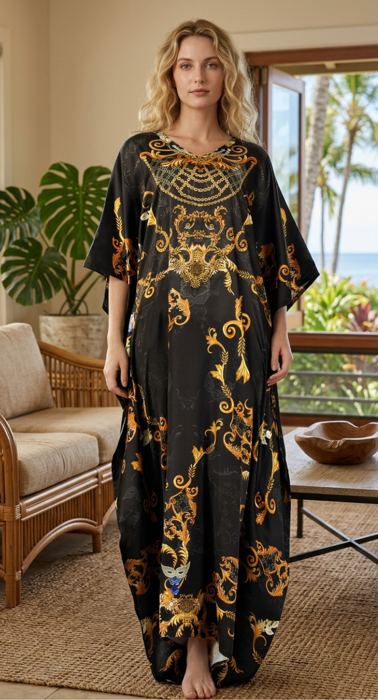 Black Ornate Print Satin Women Plus Size Kaftan Elegant Dress