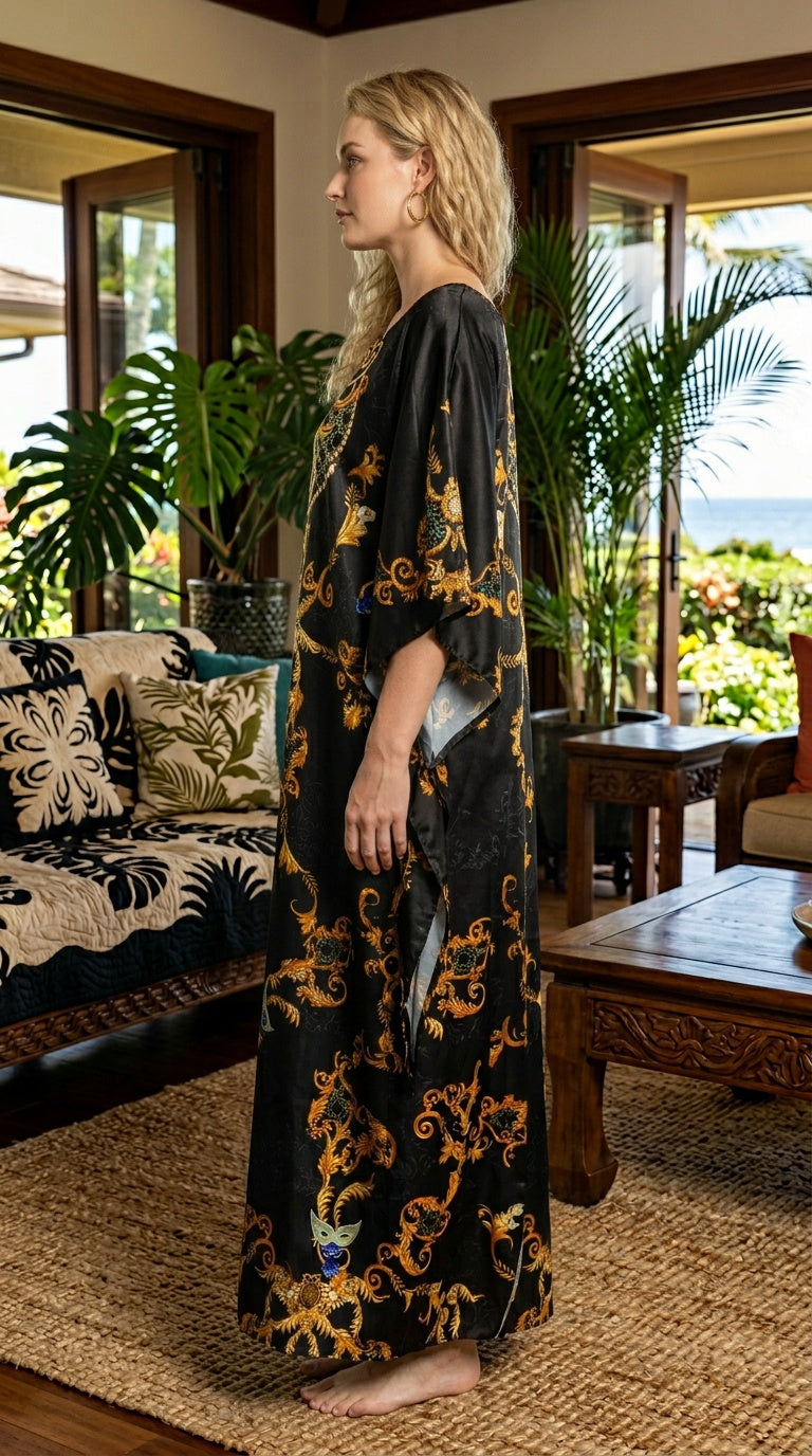 Black Ornate Print Satin Women Plus Size Kaftan Elegant Dress