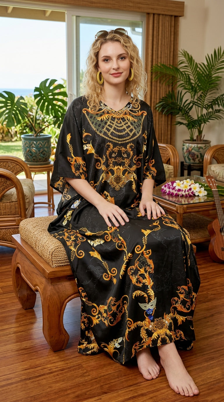 Black Ornate Print Satin Women Plus Size Kaftan Elegant Dress