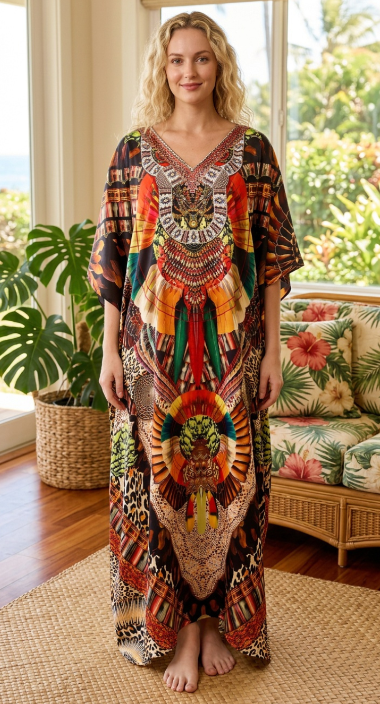 Multicolor Tribal Print Satin Women Plus Size Kaftan Festival Dress