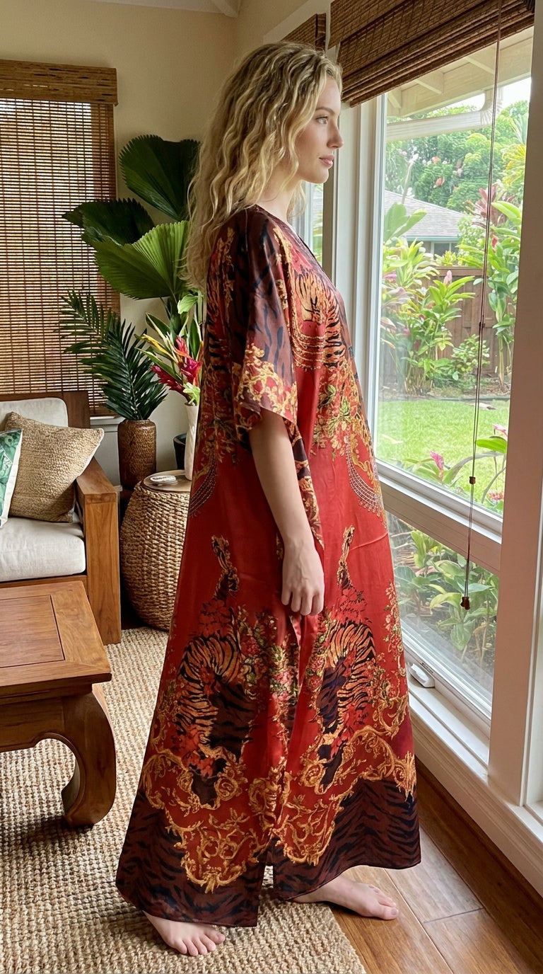 Rust Red Baroque Satin Women Plus Size Kaftan Holiday Dress - SKU KAF152-1078 - Gypsie Blu