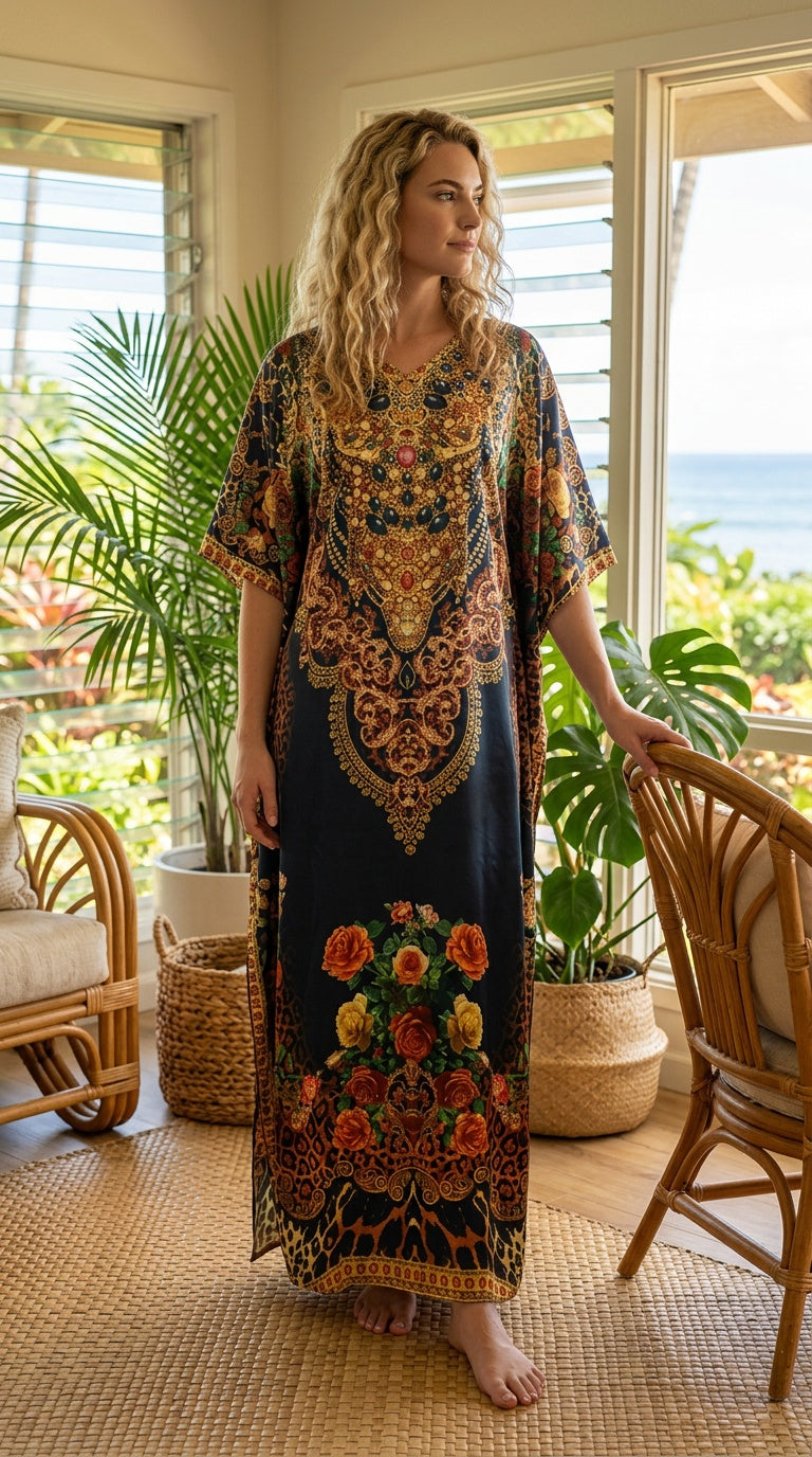 Black Floral Satin Women Plus Size Kaftan Lounge Dress