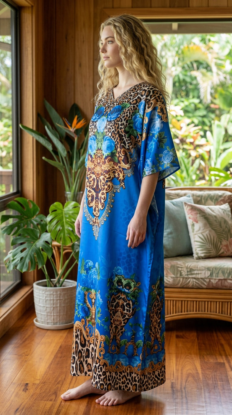 Royal Blue Floral Satin Women Plus Size Kaftan Poolside Dress - SKU KAF152-1082 - Gypsie Blu