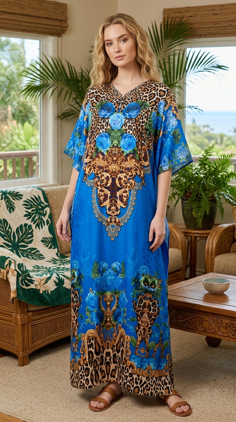 Royal Blue Floral Satin Women Plus Size Kaftan Poolside Dress - SKU KAF152-1082 - Gypsie Blu