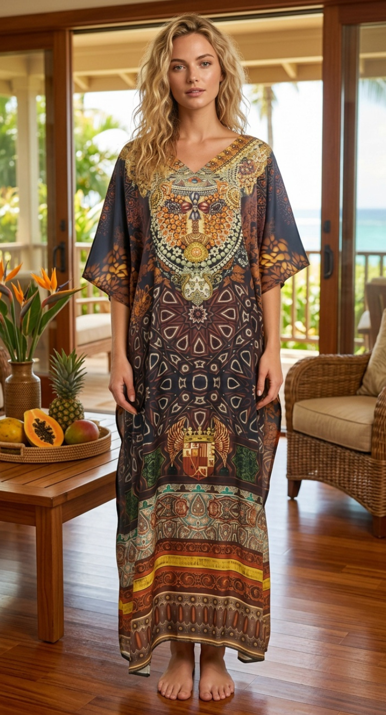 Deep Brown Geometric Satin Kaftan For Women Plus Size 1X-3X