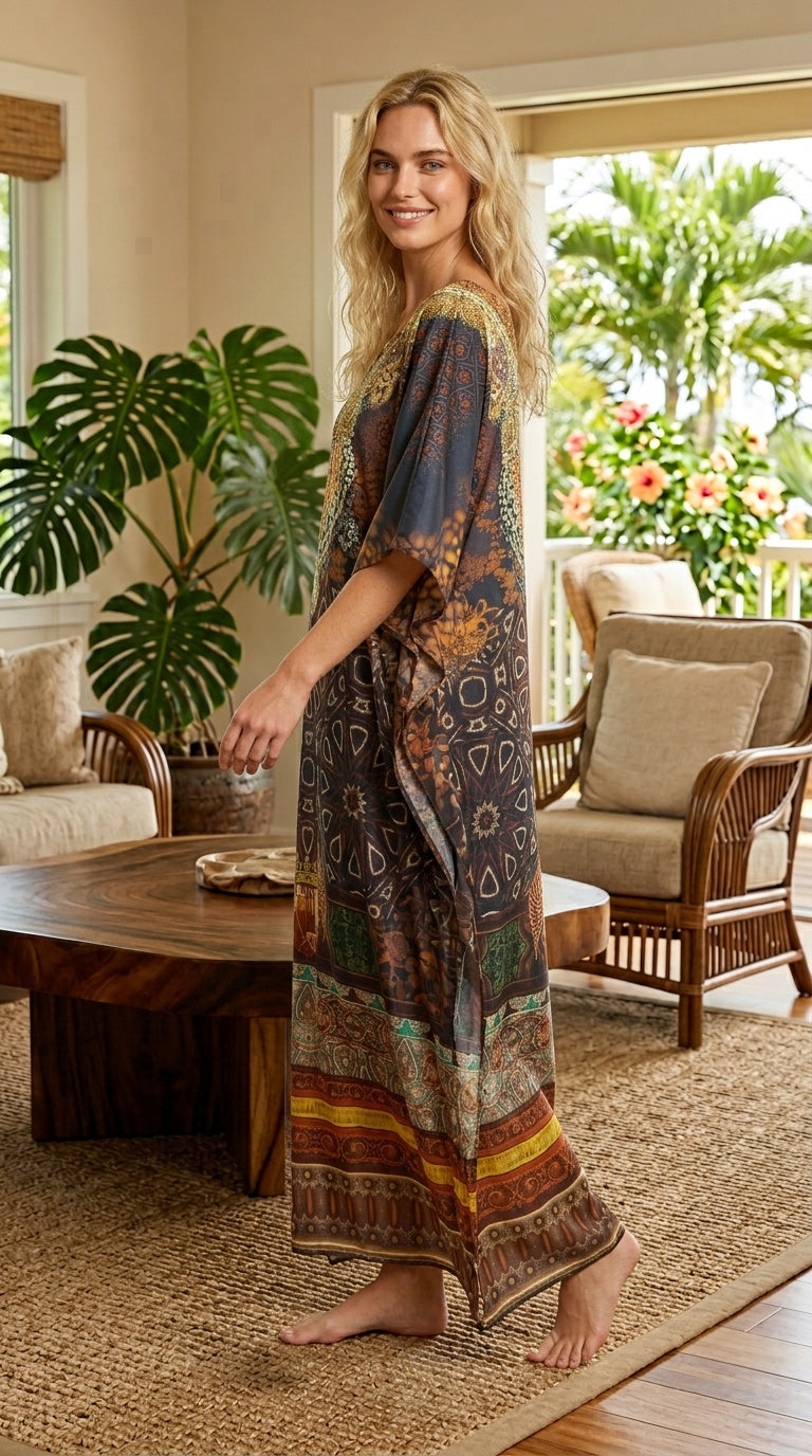 Deep Brown Geometric Satin Women Plus Size Kaftan Travel Dress