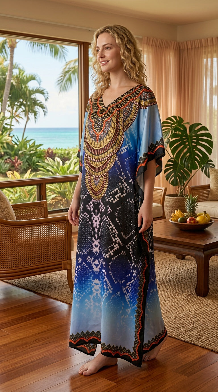 Navy Blue Tribal Satin Women Plus Size Kaftan Cruise Dress