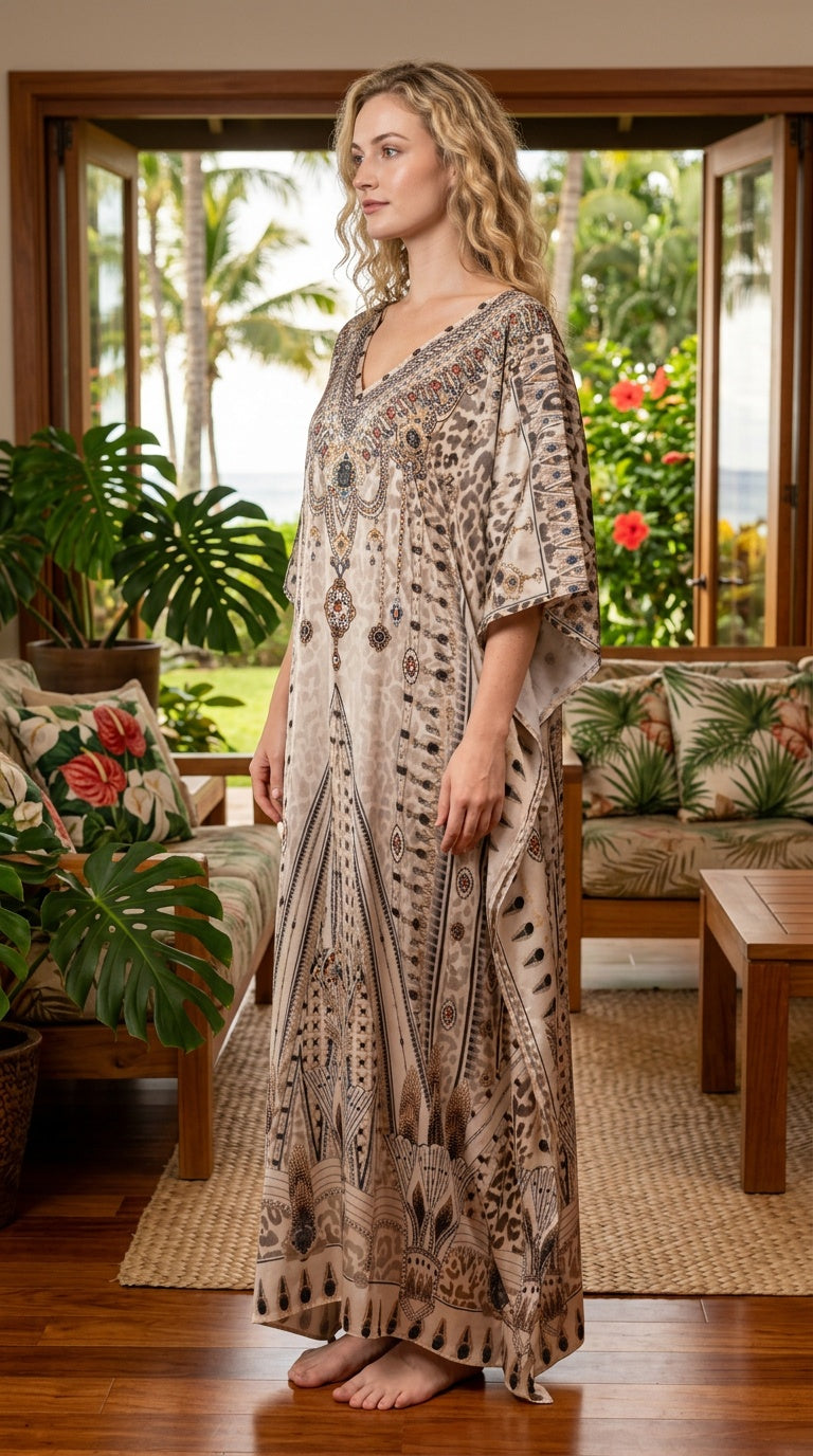 Beige Tribal Satin Women Plus Size Kaftan Vacation Dress