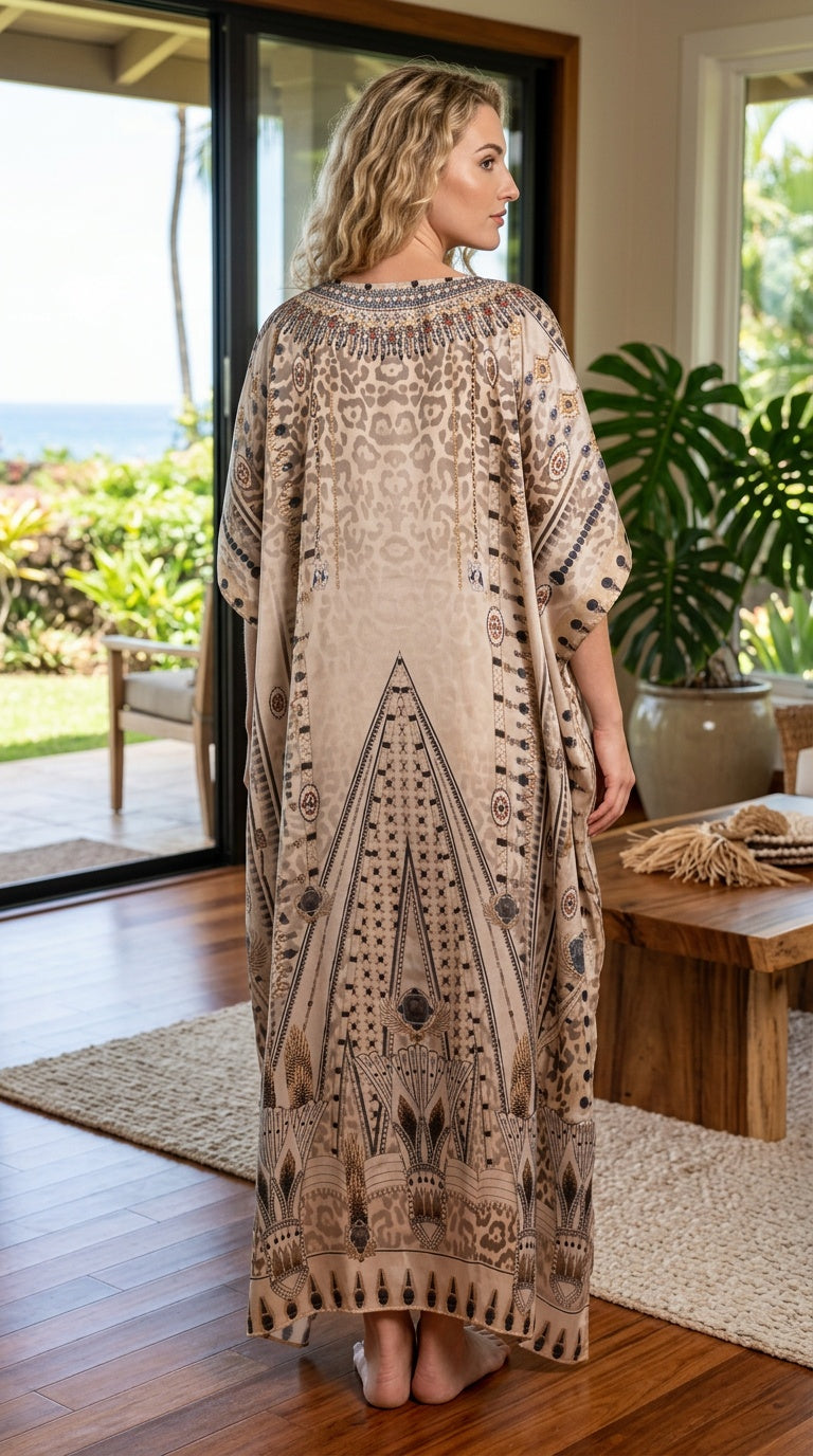 Beige Tribal Satin Women Plus Size Kaftan Vacation Dress