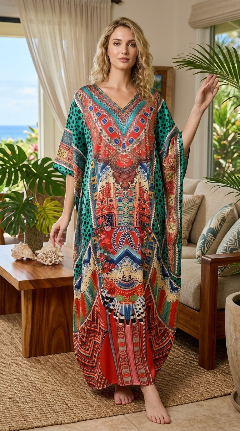 Multicolor Bohemian Satin Women Plus Size Kaftan Casual Dress