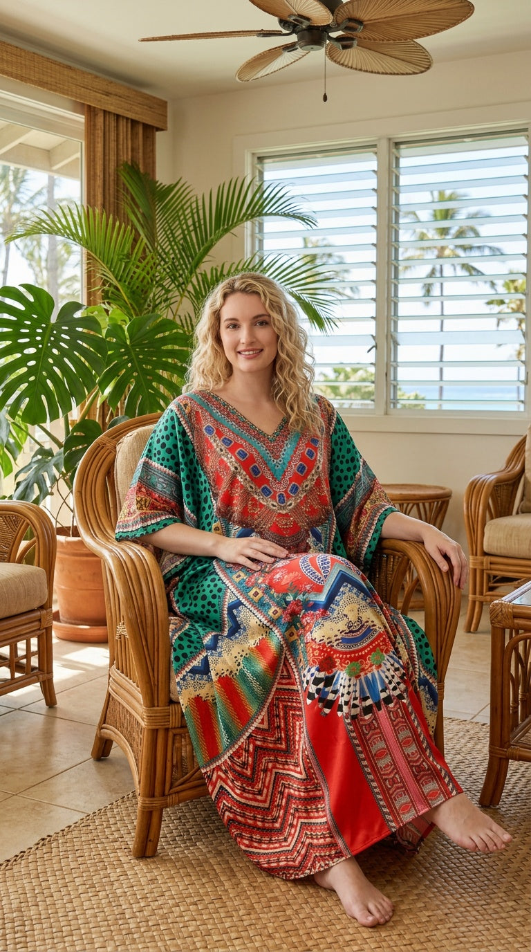 Multicolor Bohemian Satin Women Plus Size Kaftan Casual Dress