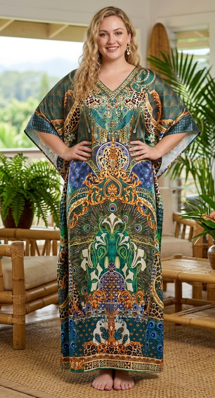 Teal Baroque Satin Women Plus Size Kaftan Vacation Dress