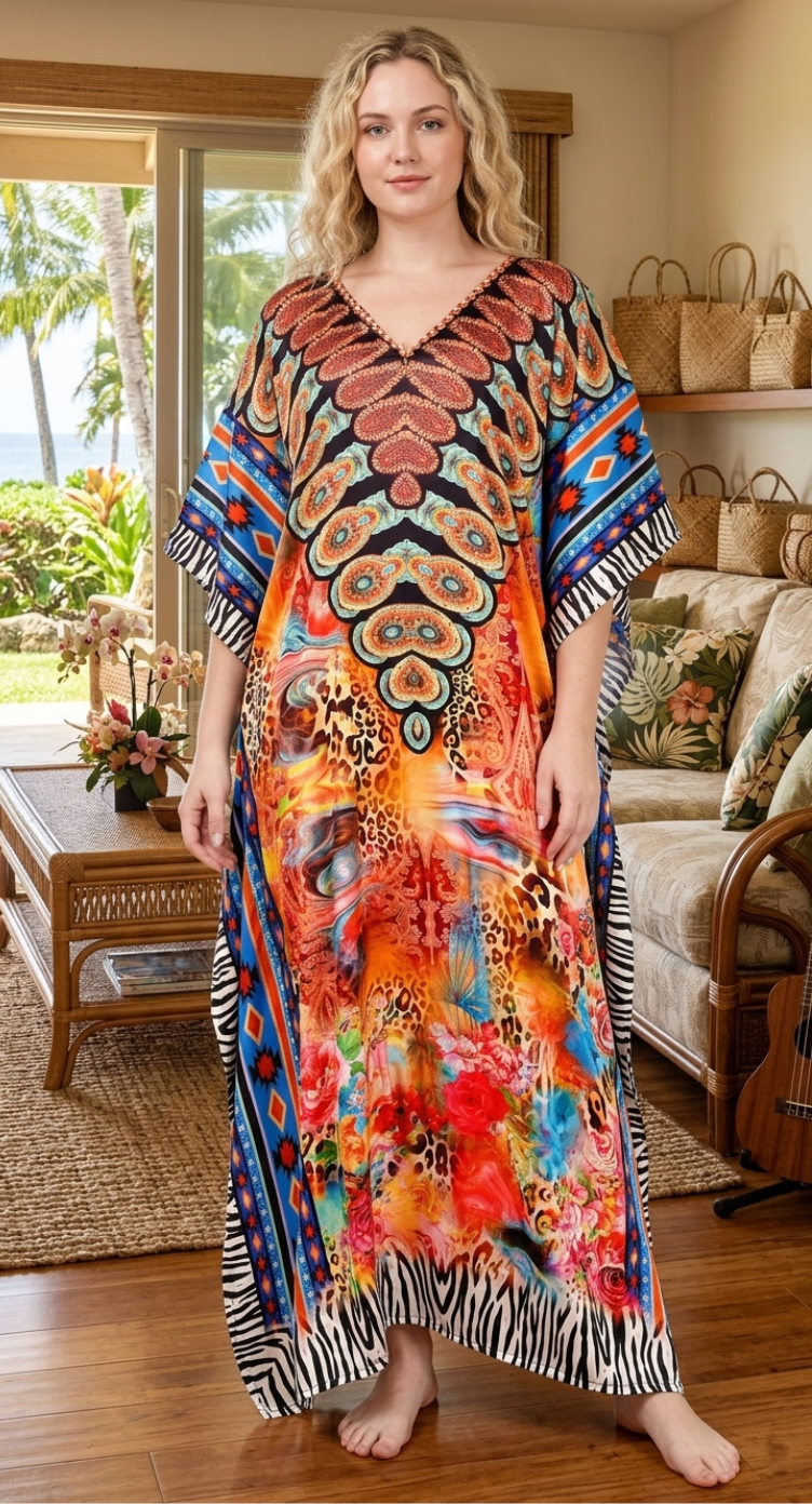 Multicolor Tribal Satin Women Plus Size Kaftan Resort Dress