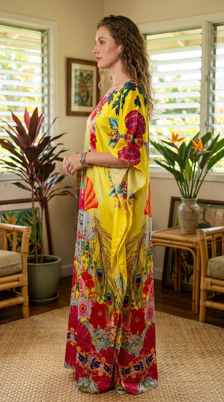 Yellow Tropical Satin Women Plus Size Kaftan Vacation Dress