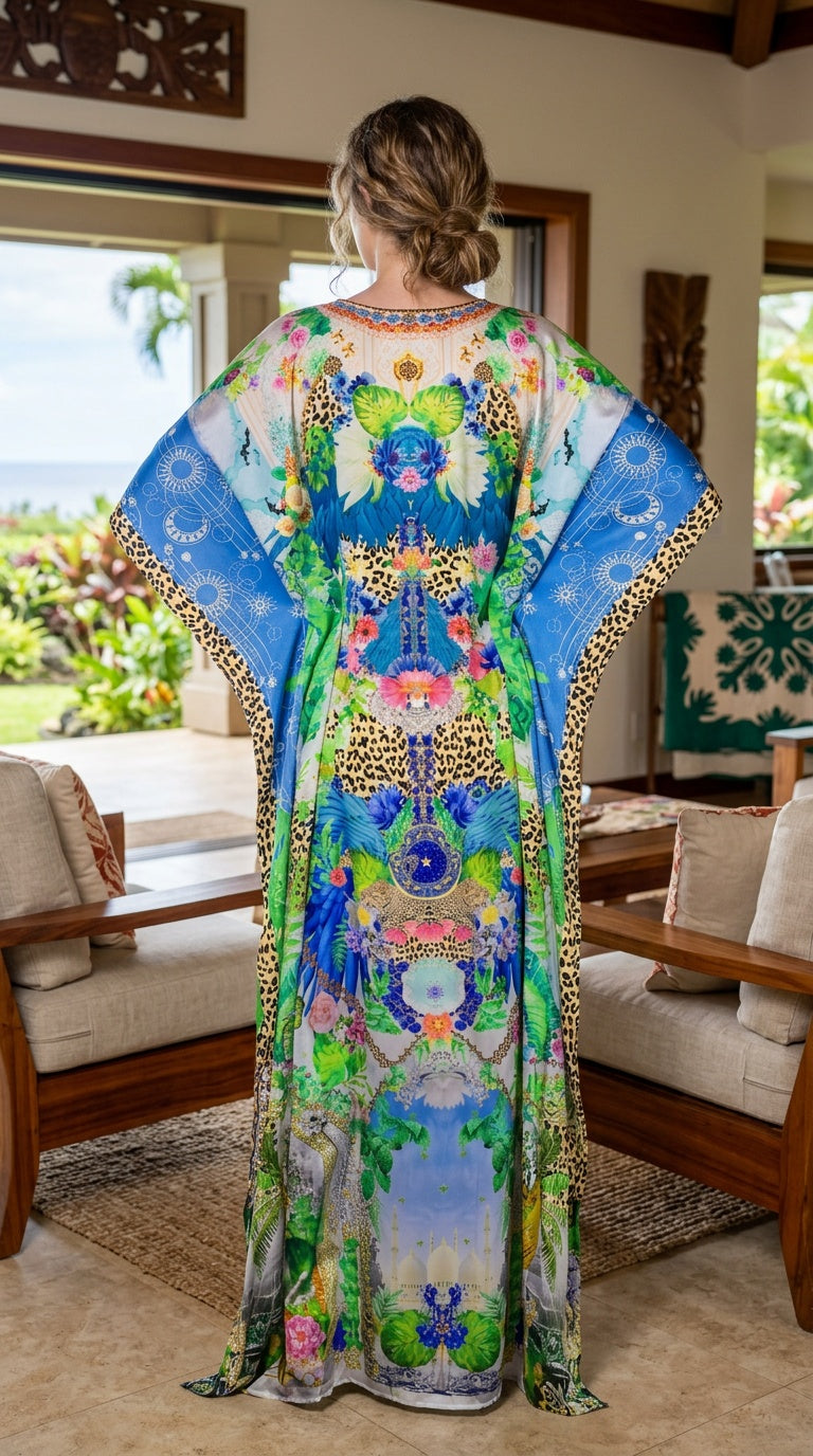 Light Blue Tropical Satin Women Plus Size Kaftan Resort Dress