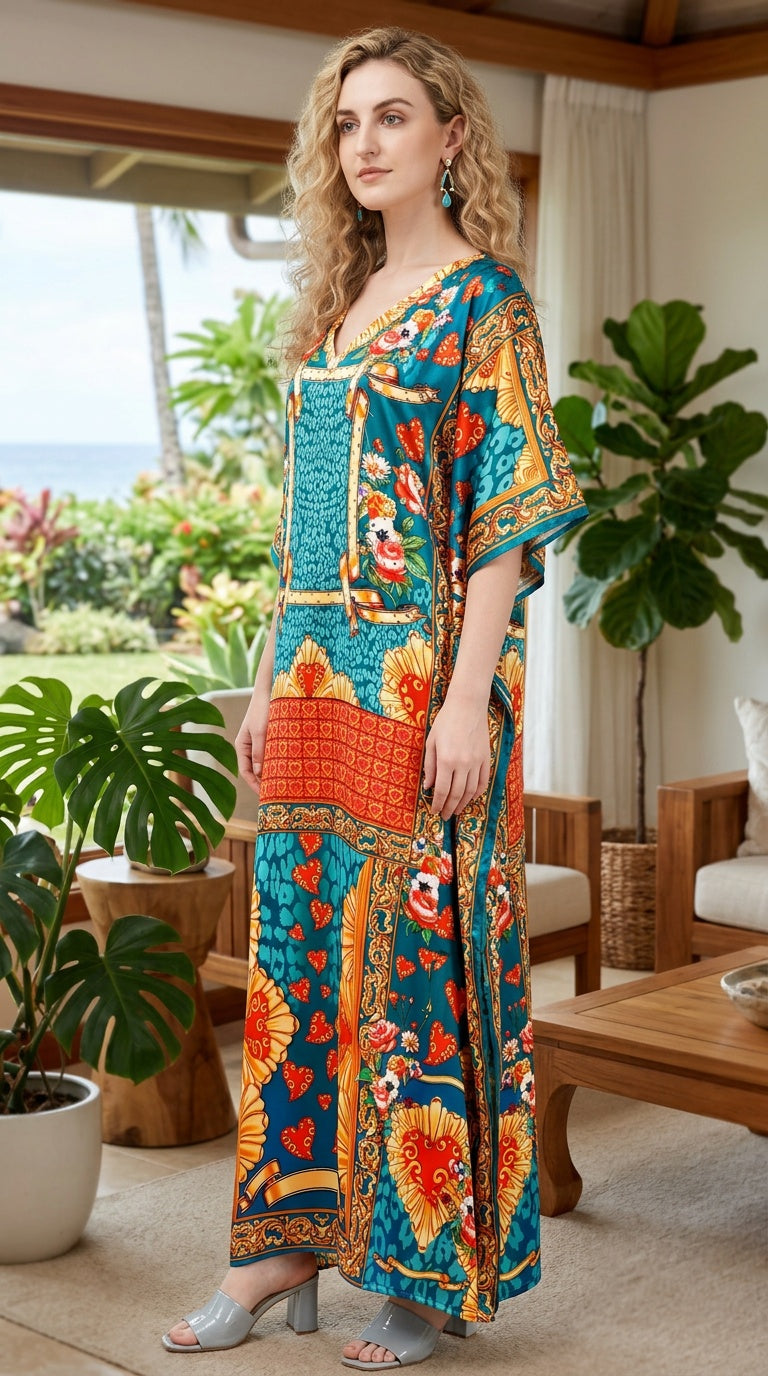 Turquoise Blue Baroque Satin Women Plus Size Kaftan Cocktail Dress