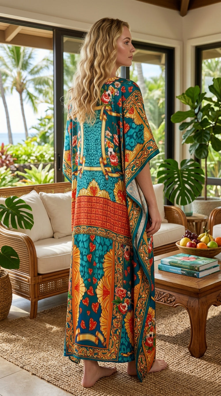Turquoise Blue Baroque Satin Women Plus Size Kaftan Cocktail Dress