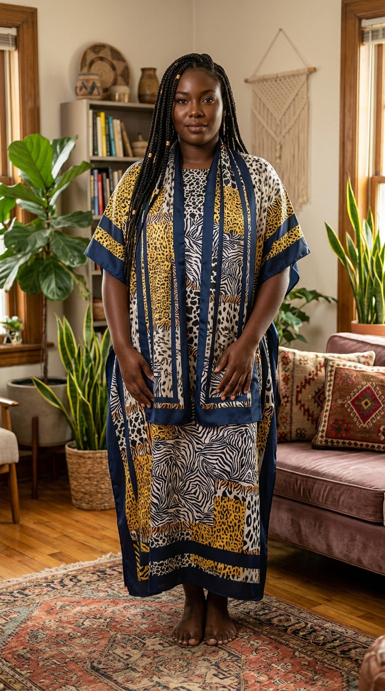 Mustard Yellow Animal Print Polyester Women Plus Size Kaftan with Scarf