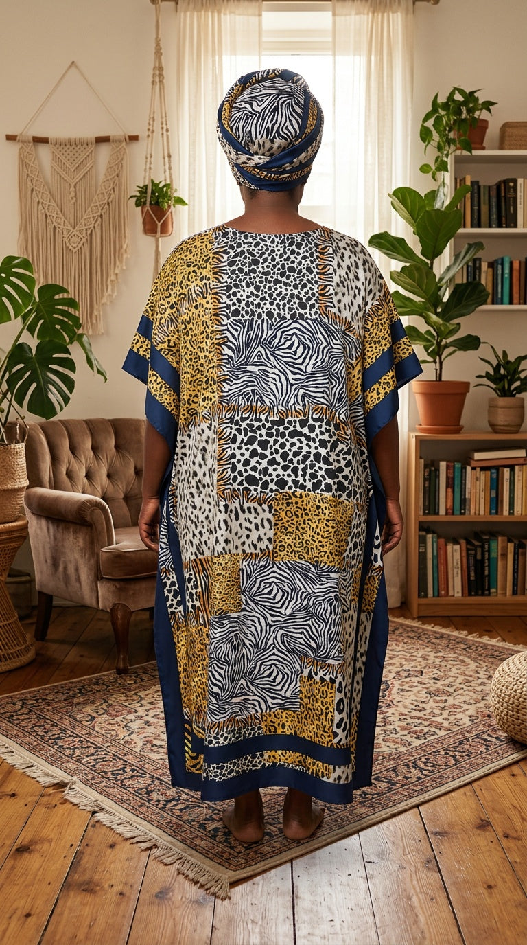 Mustard Yellow Animal Print Polyester Women Plus Size Kaftan with Scarf