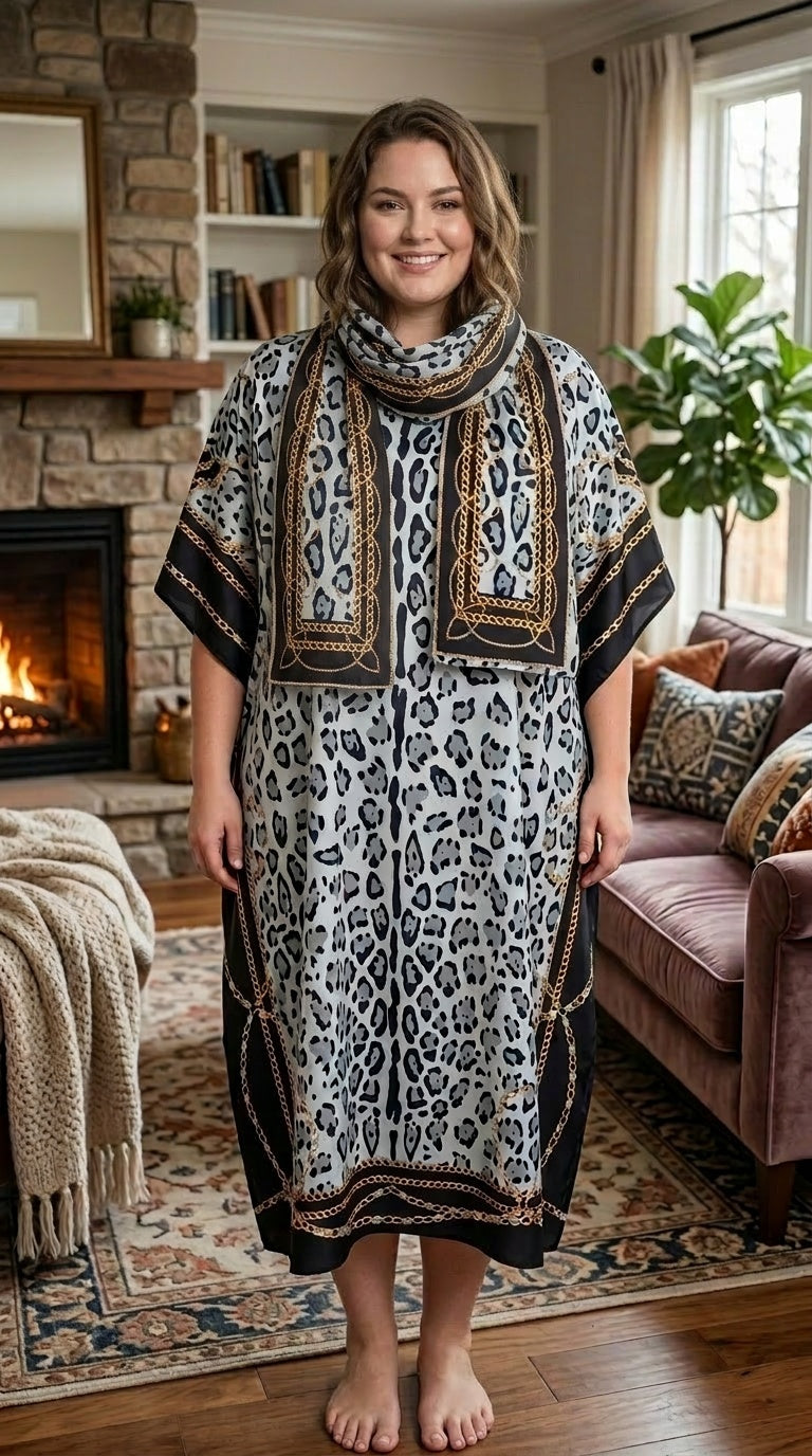Grey Leopard Print Polyester Women Plus Size Kaftan with Scarf